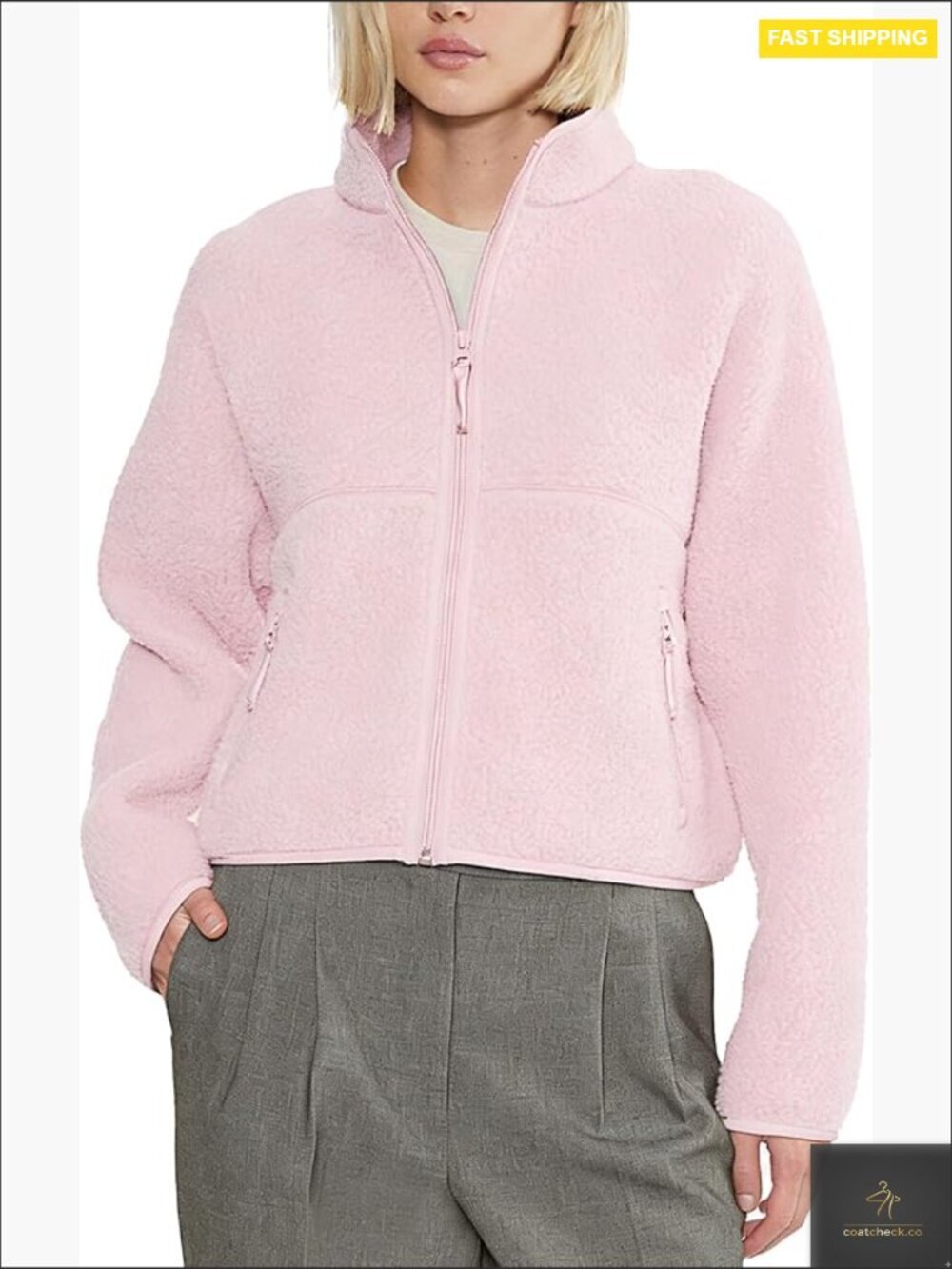 Long Sleeve Sherpa Fleece Jacket Zip Up Fuzzy Coat with Pockets